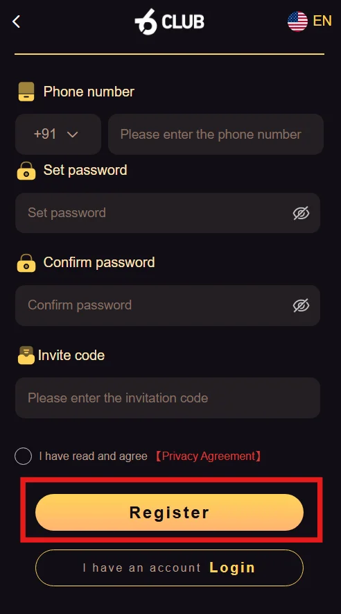 An image of registration page with a red box highlighting the Register button